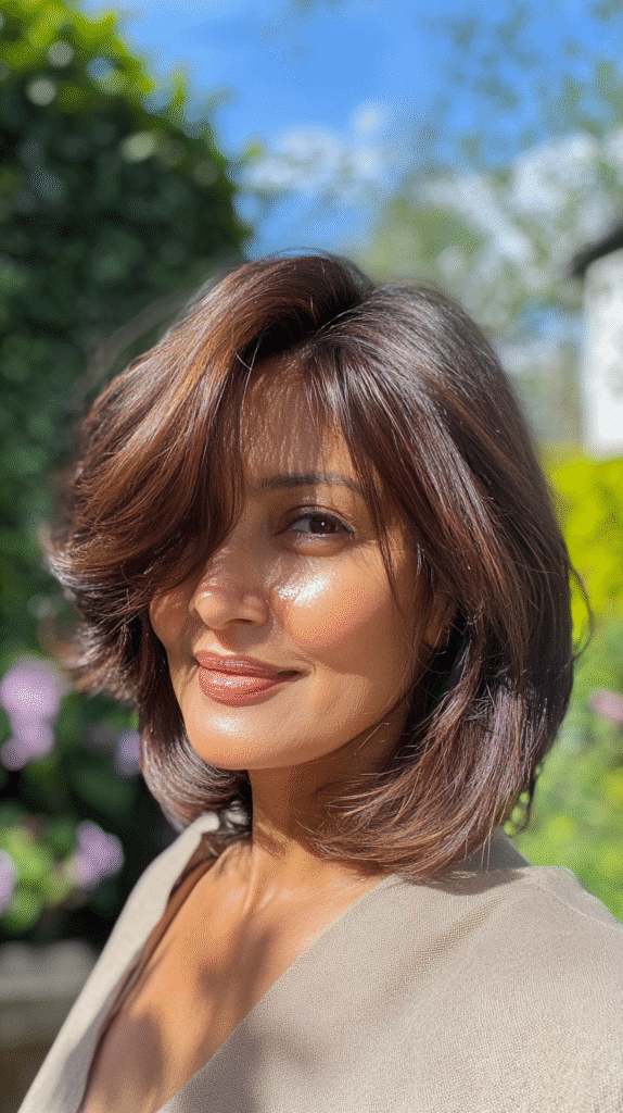 Woman with a layered bob and curtain bangs that gently frame the face.