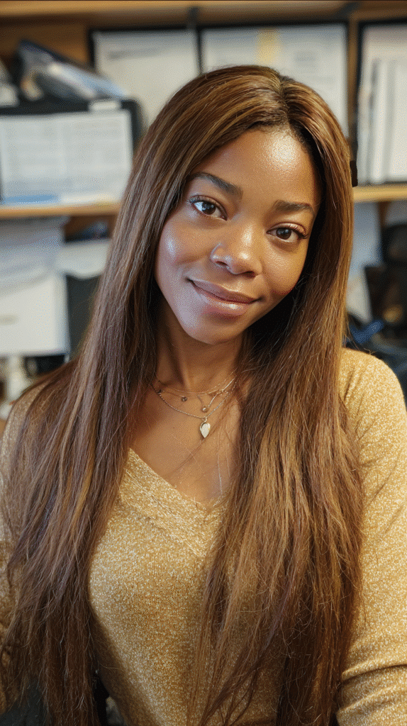 African-American woman with a long yaki straight wig in a professional office setting.