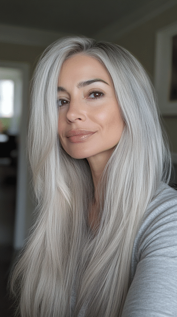 Woman with long, sleek silver blonde hair.