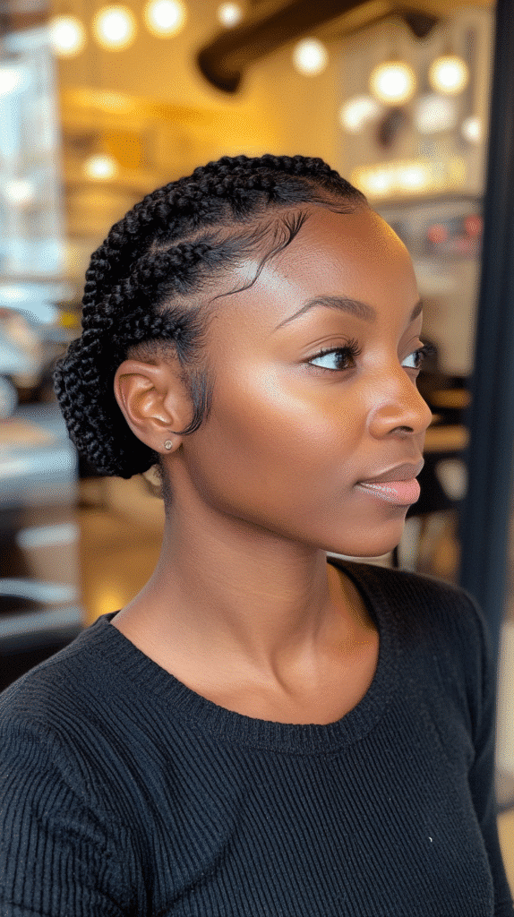 Woman wearing cornrows styled into a low, elegant chignon.