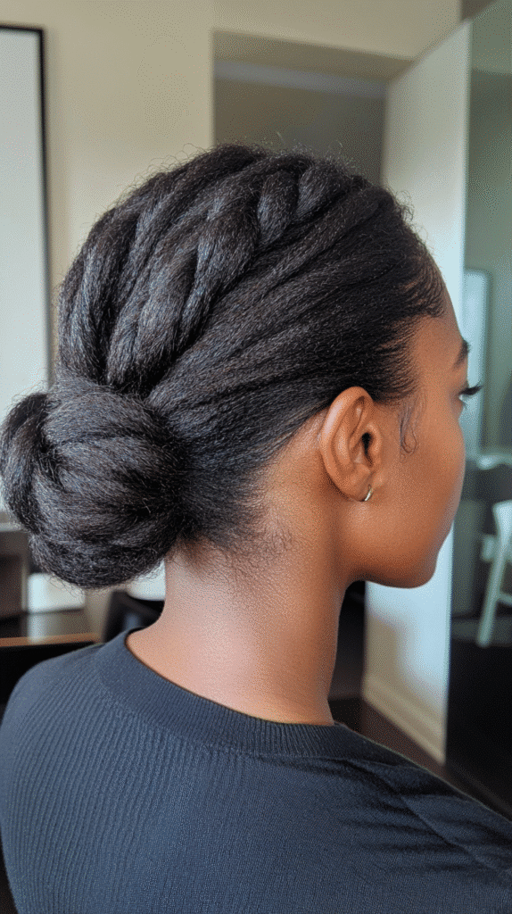 Woman with softly twisted sections pinned into a low bun.