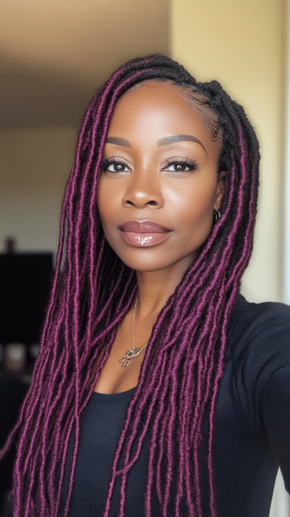 African-American woman wearing long magenta-colored locs styled for a vibrant and regal effect.