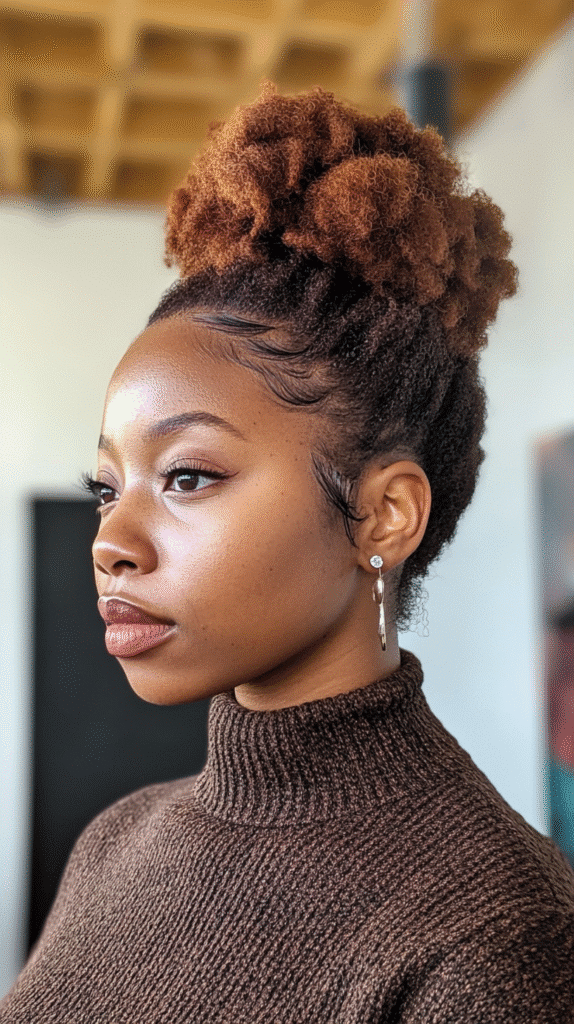 Woman with textured Marley hair shaped into an elegant high updo.