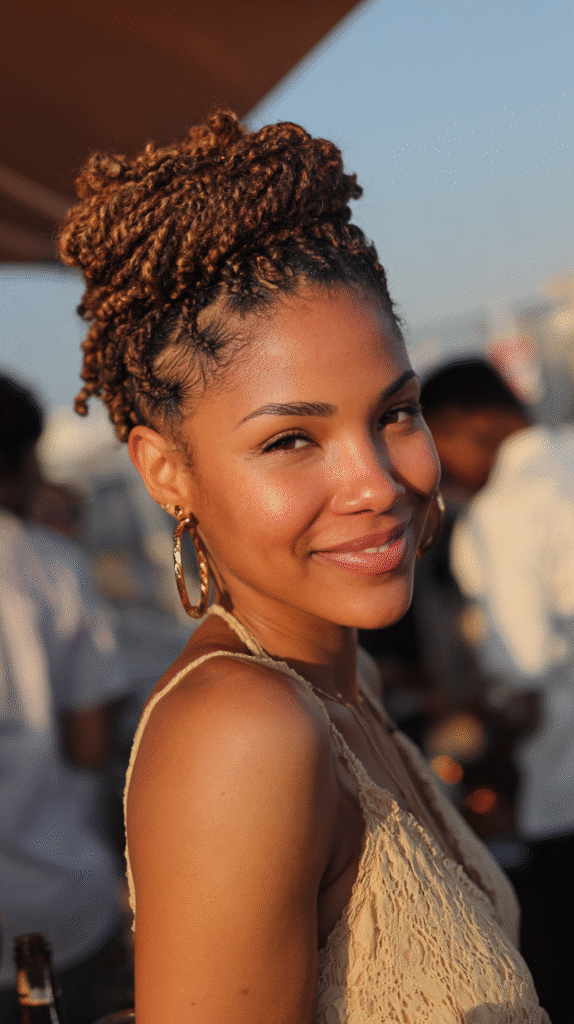 Woman showcasing a mohawk-style updo with a thick central braid.