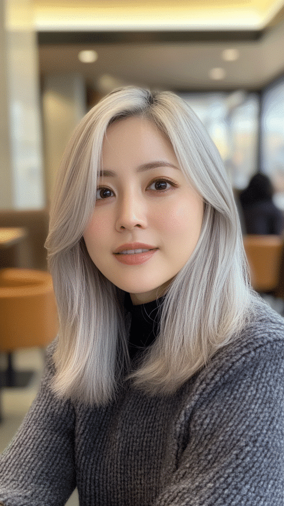 Woman with mushroom blonde hair and a grey-toned finish.
