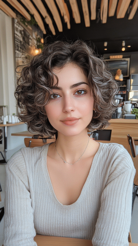 Short curls given dimension with muted silver highlights lightly scattered throughout.