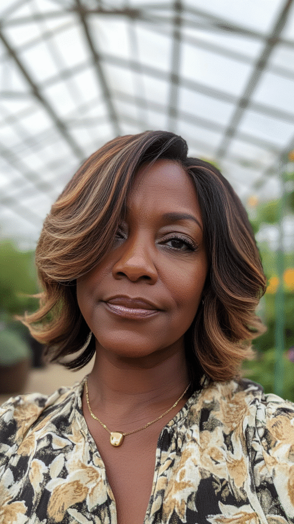 Woman with a neck-length bob and subtle highlights for added depth.