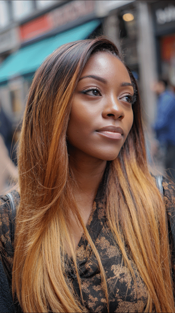 African-American woman with a long ombre straight wig walking down a trendy fashion district.
