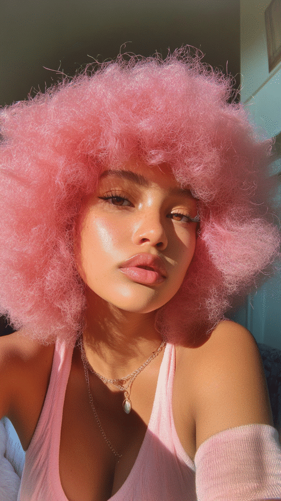 African-American woman with a pastel pink afro hairstyle, showcasing soft natural curls in a sunlit room.