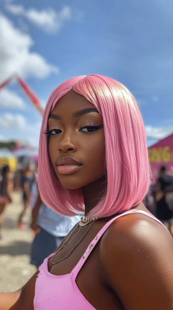 African-American woman with a pastel pink bob wig at a lively summer festival.