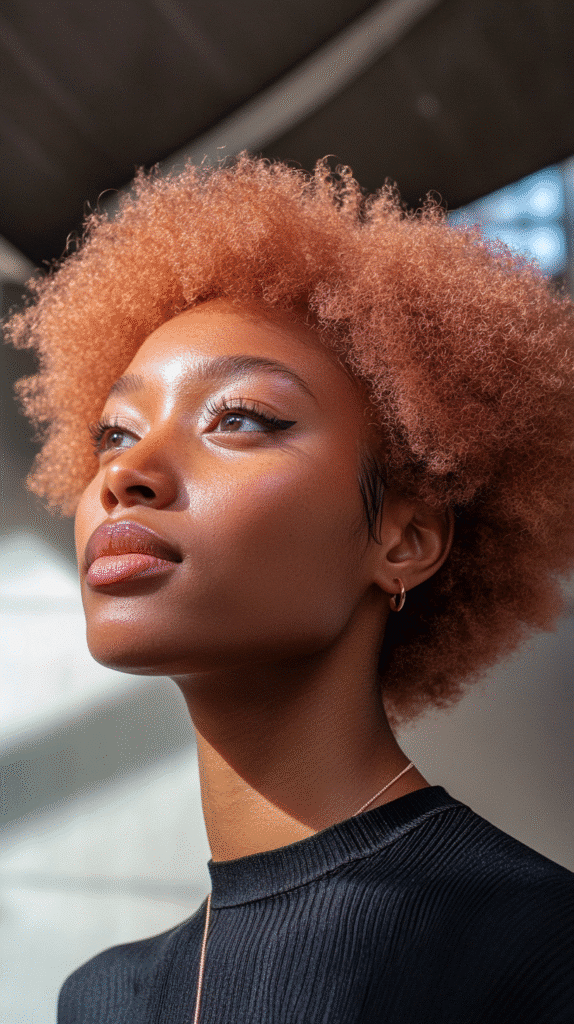 African-American woman with a peach-toned teeny weeny afro, softly styled.