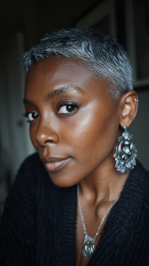 A short pixie cut given edge with shimmering pewter highlights throughout.