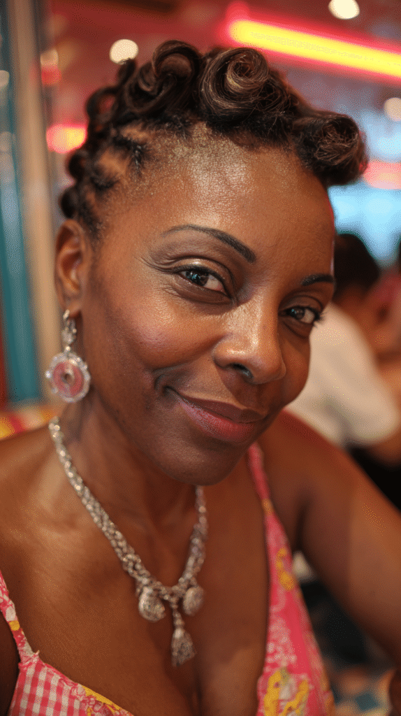 A Black woman with structured pin curls styled into an elegant updo, ideal for vintage fashion lovers.