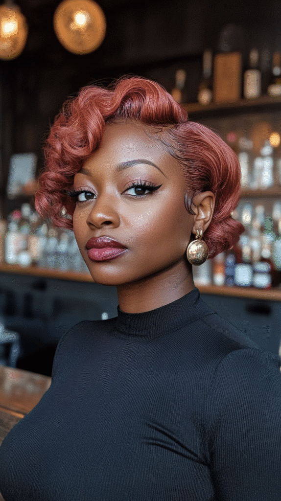 Black woman with short finger waves dyed pink, adding a vintage glam touch.