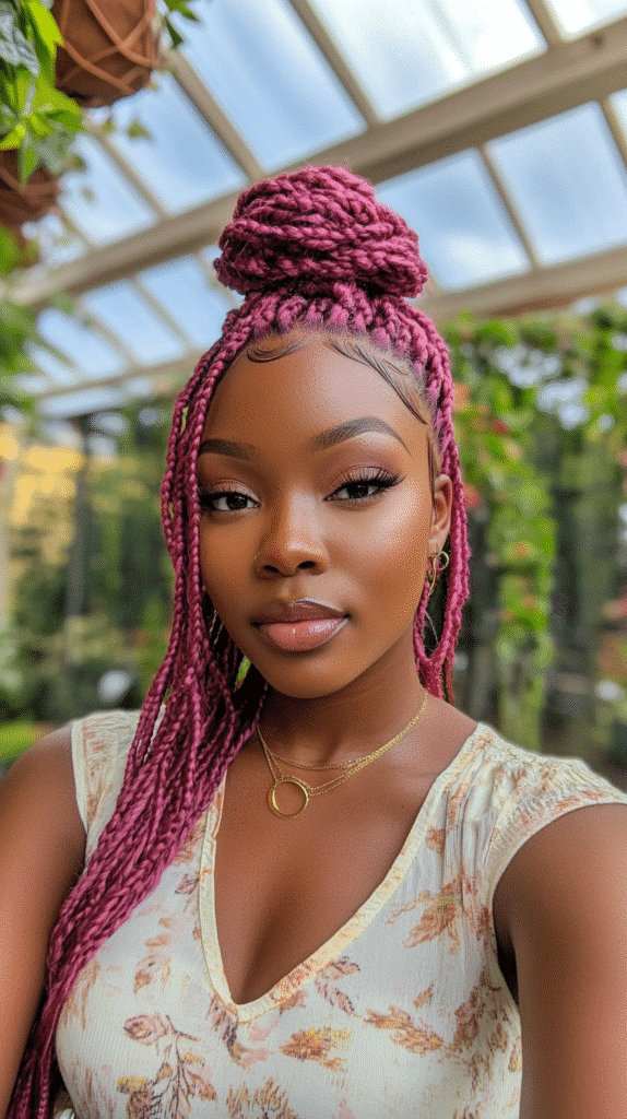 Black woman with a crown of pink halo braids, styled in a circular braided updo.