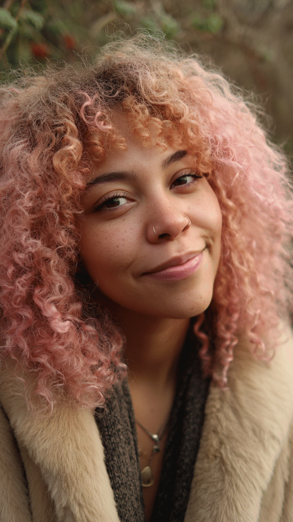Curly-haired woman with hidden pink underdye highlights revealed through bouncy natural curls.