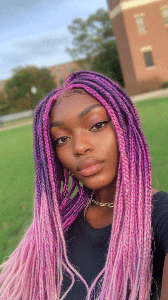 Woman with long knotless braids blending pink and purple hues in a two-tone style.