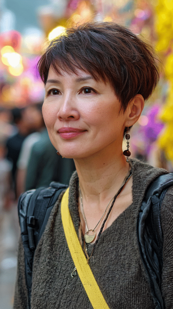 Woman with a pixie bob that blends the volume of a pixie with the shape of a bob.