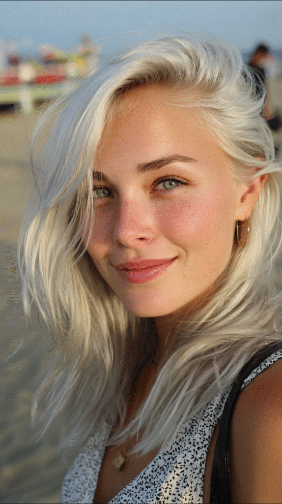 Woman with platinum blonde hair and a soft grey root melt.


