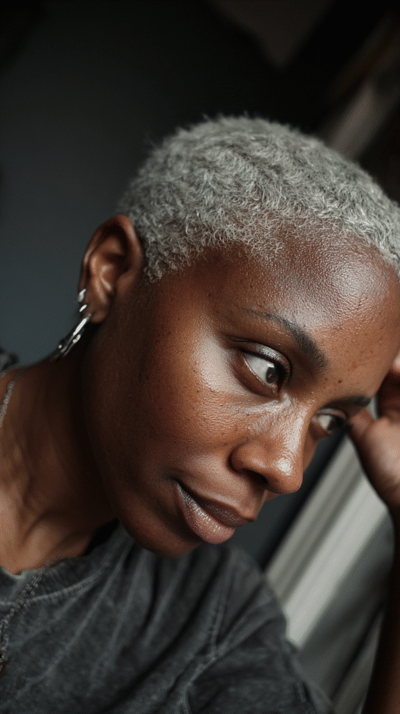 Woman with a platinum grey pixie cut and textured top.