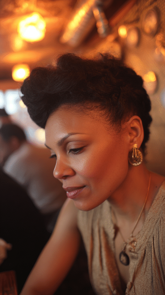 Woman with a voluminous front pompadour styled into a chic updo.