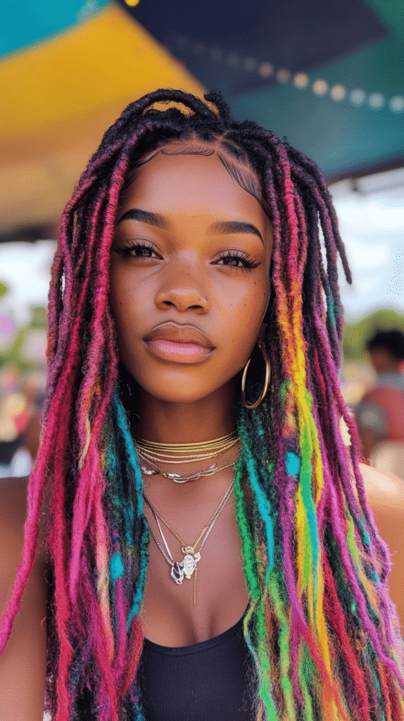 A Black woman with faux or natural locs dyed in rainbow colors, styled boldly for a standout appearance.
