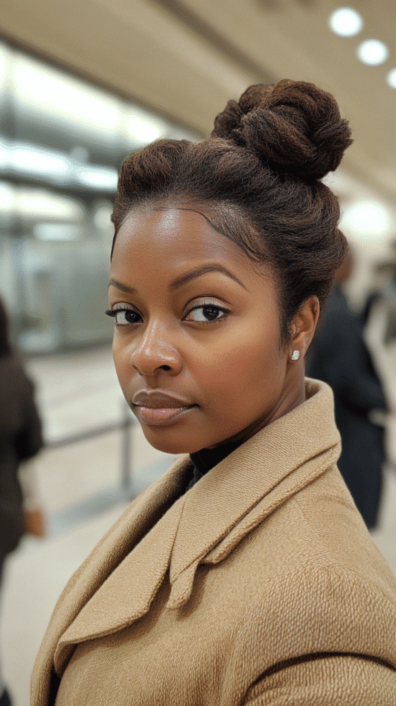 Woman with vintage-inspired rolled and tucked sections in a formal updo.