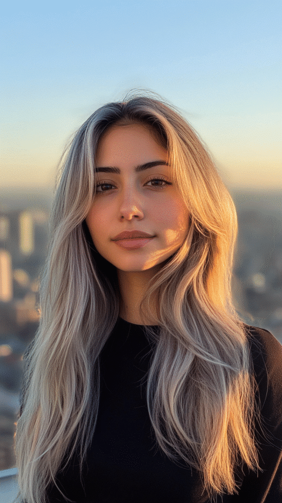 Woman with dark roots and grey blonde wavy hair.