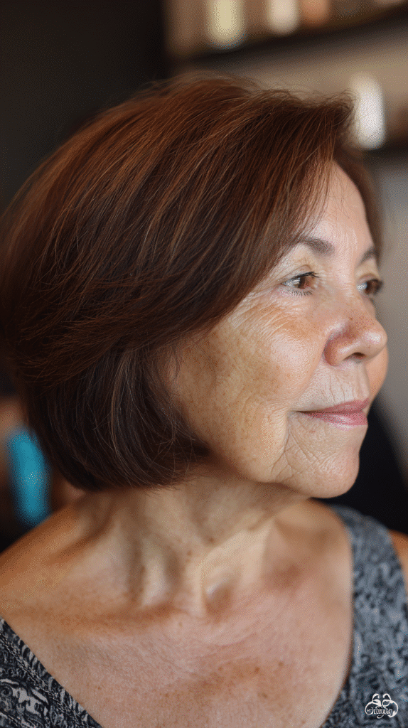 Woman with a rounded bob haircut, styled to create crown height and fullness.