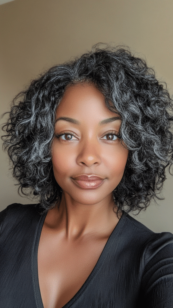 A salt-and-pepper effect created with alternating grey and black strands in a voluminous style.