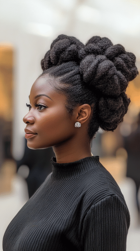 Woman with symmetrical, sculpted Bantu knots styled across the head.