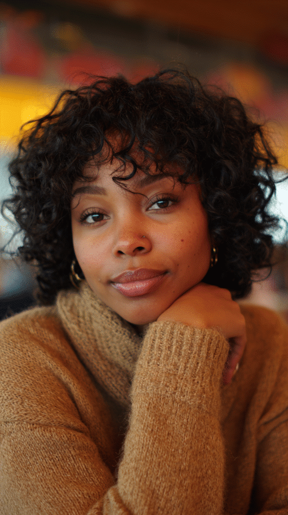 African-American woman with a short curly bob wig reading in a cozy bookstore.