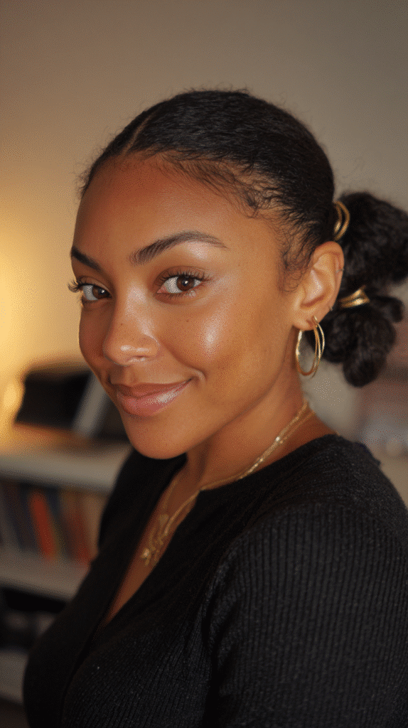 African-American woman sporting a side bubble ponytail segmented with gold bands for volume.