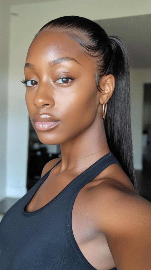 Black woman with straightened relaxed hair styled into a classic side ponytail.
