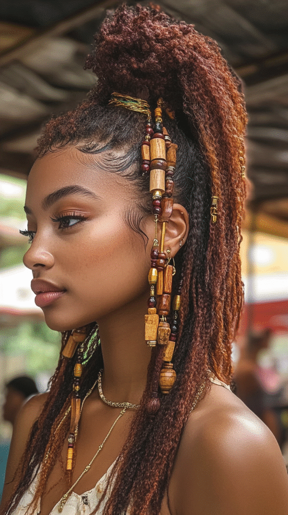 Afro-Latina woman with braided side ponytail adorned with decorative wooden and gold beads.