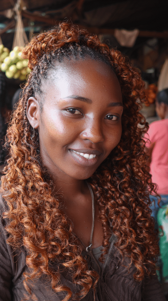 Kenyan woman with curly crochet extensions forming a thick, textured side ponytail.