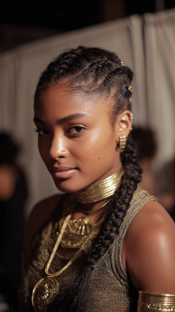 African-American woman with braids and a side ponytail enhanced with gold hair cuffs and rings.
