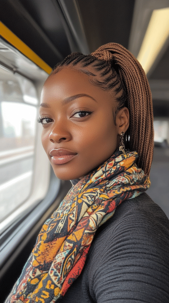 Nigerian-American woman with a patterned scarf wrapped at the base of her side ponytail.