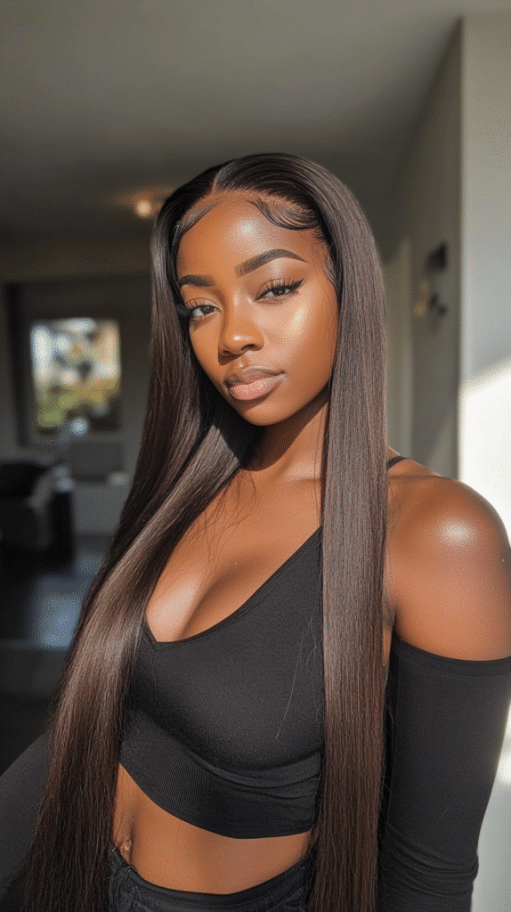 Jamaican woman with ultra-sleek side ponytail created using long, straight extensions.