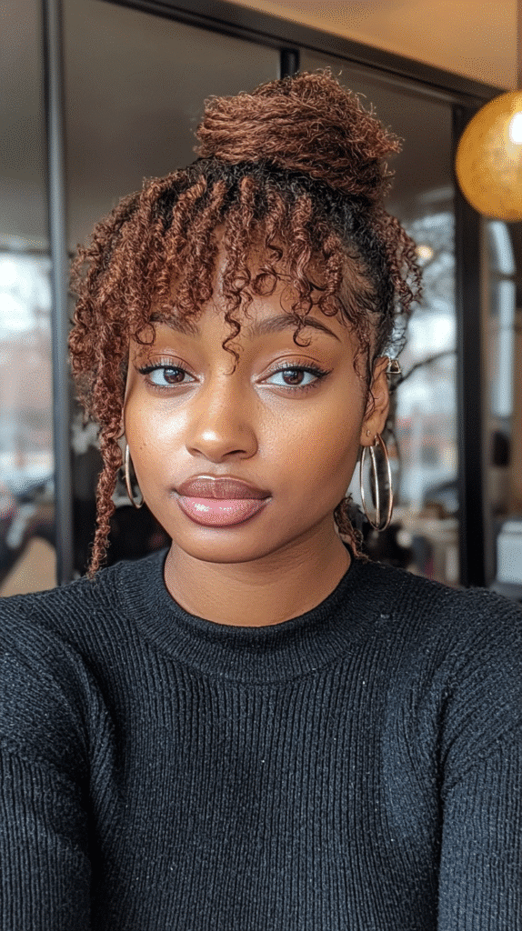 African-American woman with twisted front bangs and a voluminous side ponytail.
