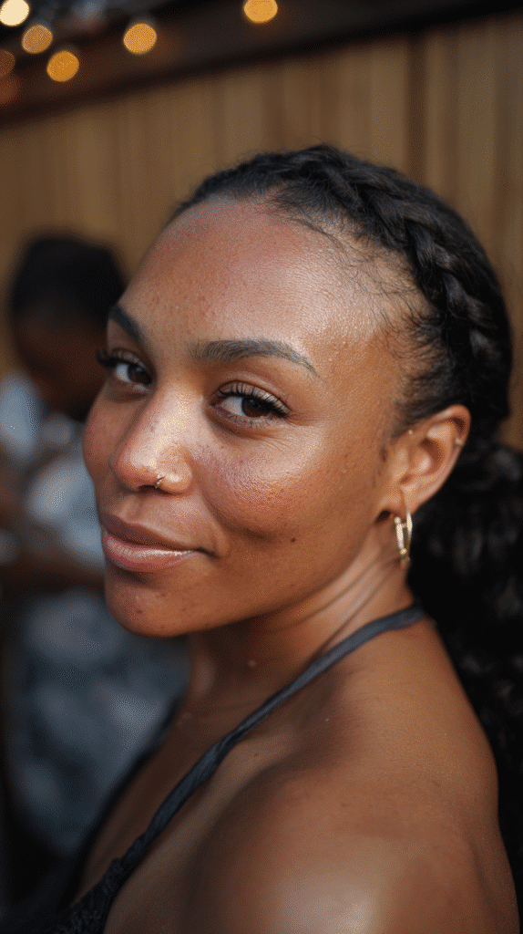 Black woman wearing a side ponytail with deep side part adding volume and elegance.