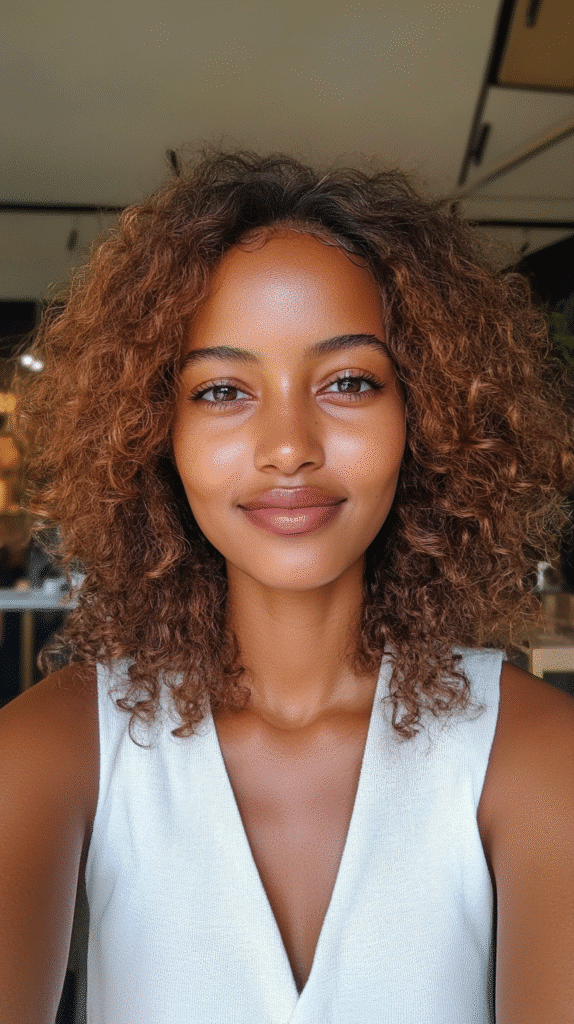 Ethiopian woman with voluminous side-swept curly ponytail cascading over shoulder.