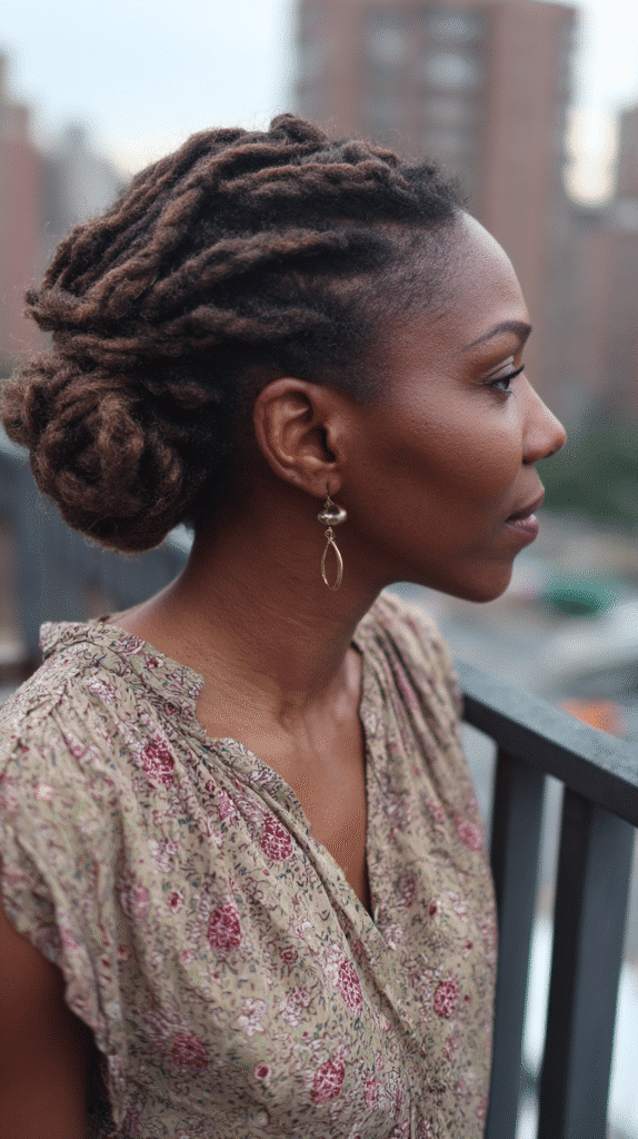 Woman styled with twists swept to one side into an elegant updo
