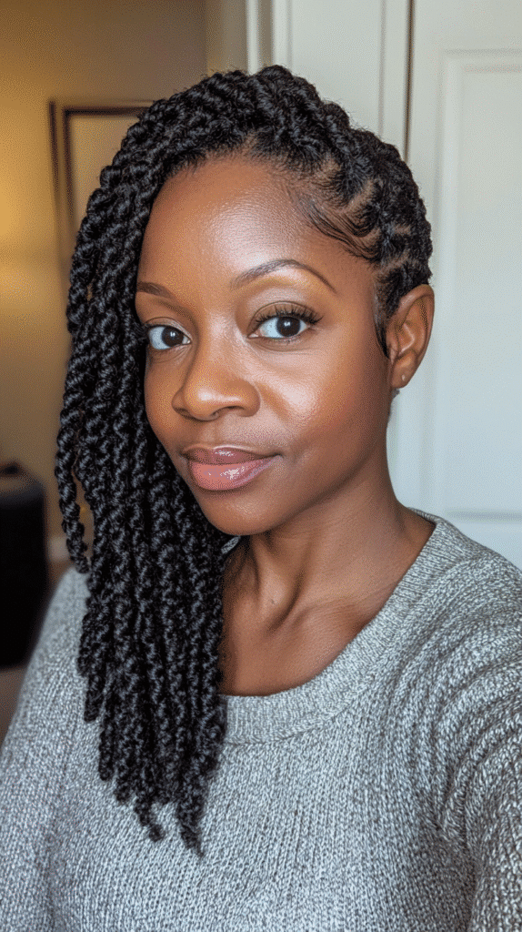 African-American woman with flat two-strand twists flowing into a protective side ponytail.