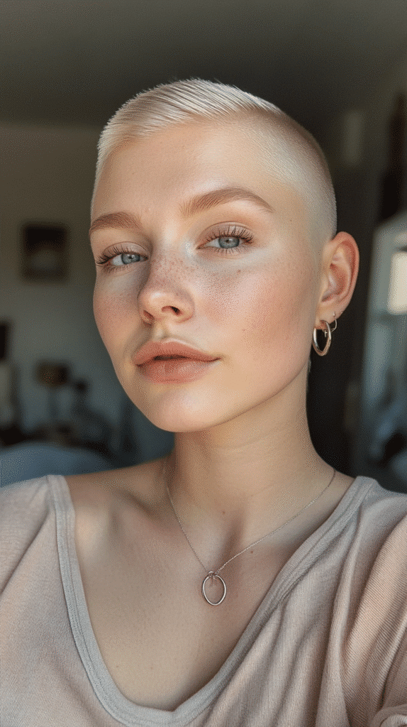 Woman with an edgy undercut and longer top in silver blonde.