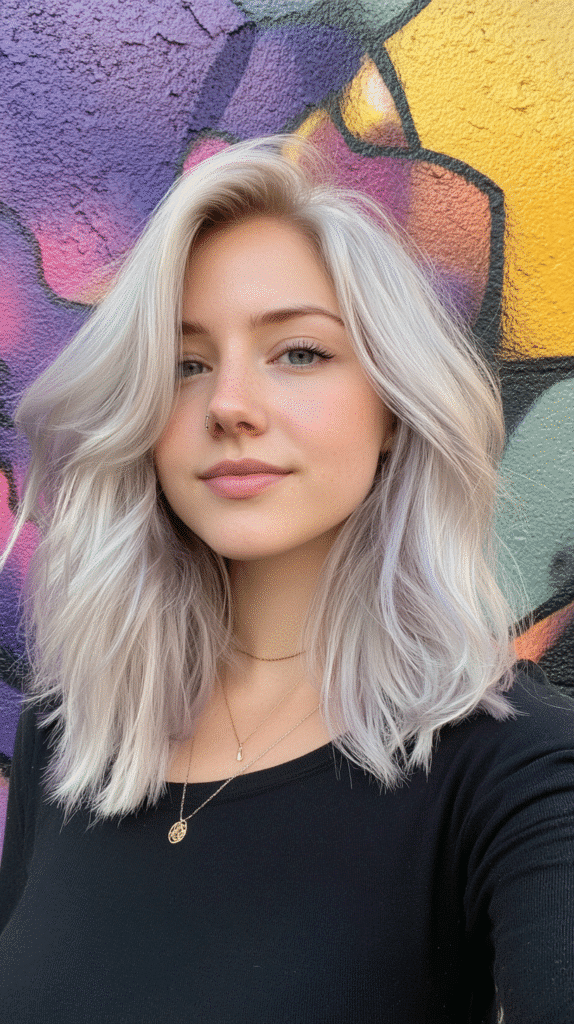 Woman with medium-length silver lilac blonde hair.