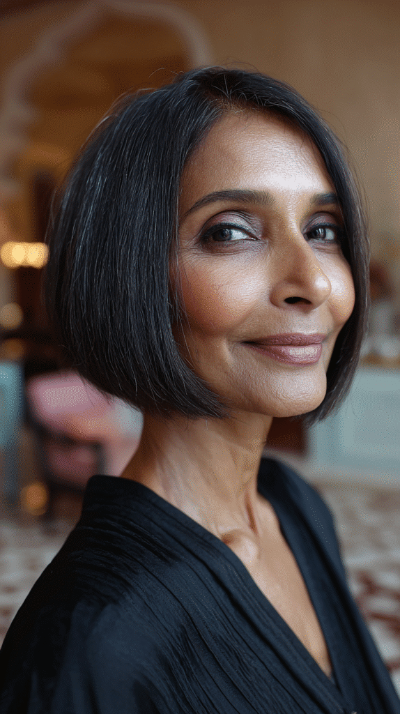 Woman with a sleek bob and deep side part, adding lift and style.