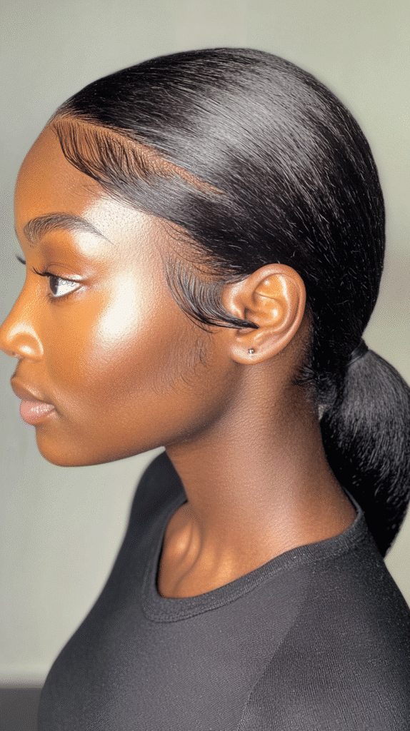African-American woman with sleek low side ponytail on straightened hair, styled to one side with smooth finish.