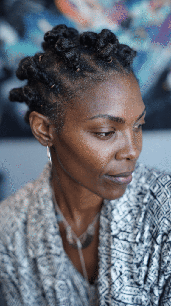 A Black woman wearing geometric bantu knots with a smooth, slicked-back finish for maximum edge.

