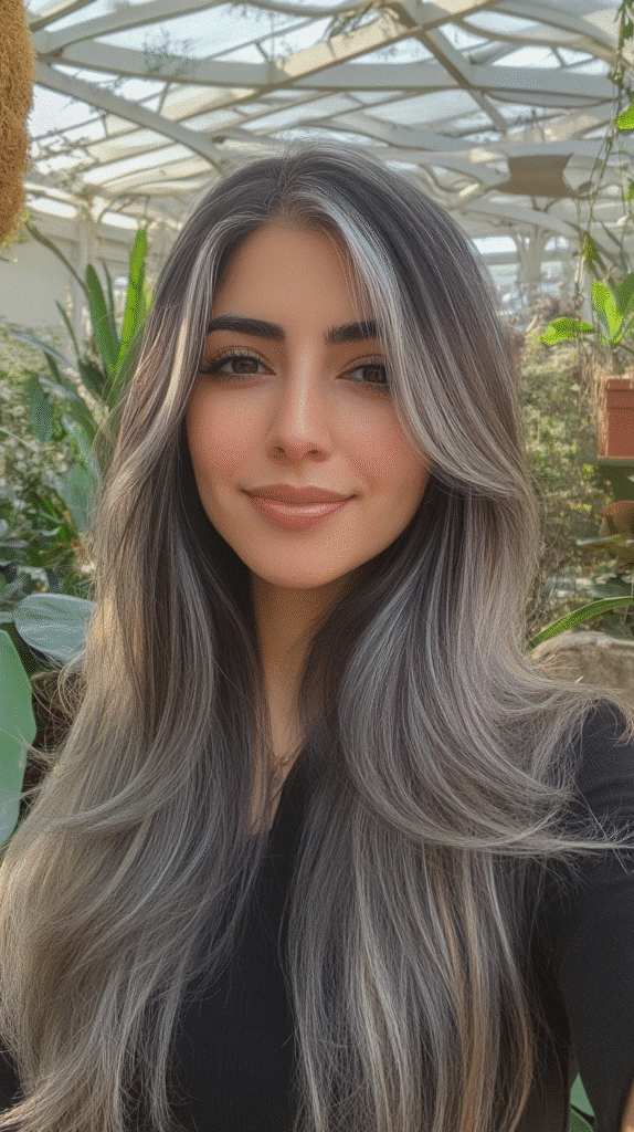 Long layered dark hair enhanced with smoky grey highlights that add movement and shine.